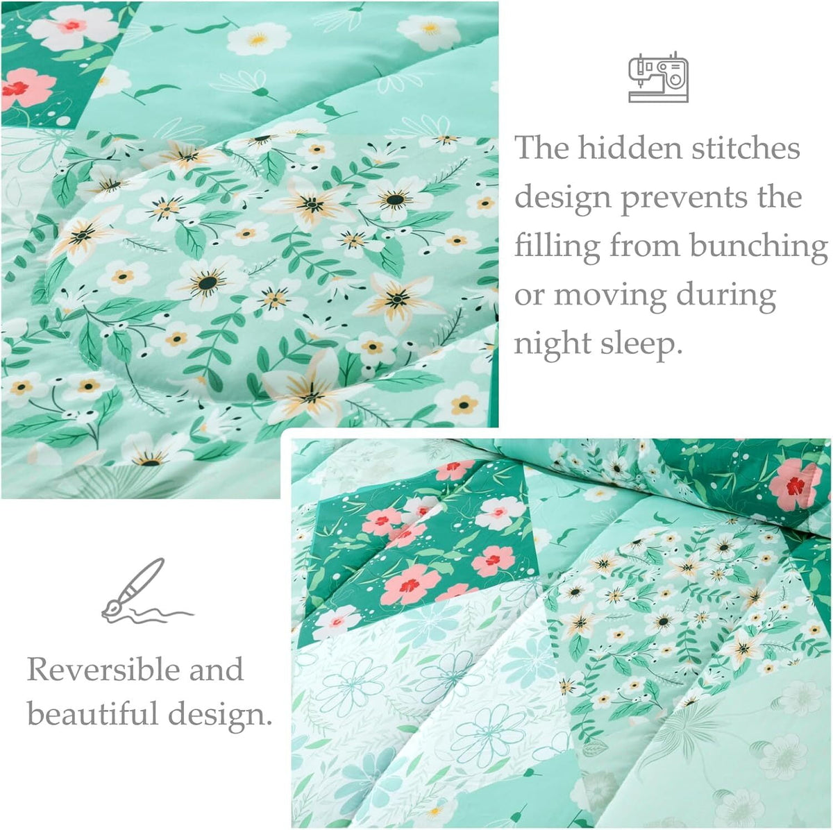 Whale Flotilla 3-Piece Queen Comforter Set, Soft Reversible Bedding Comforter Sets, Patchwork Printed Down Alternative Comforter Duvet for All Seasons, Light Green