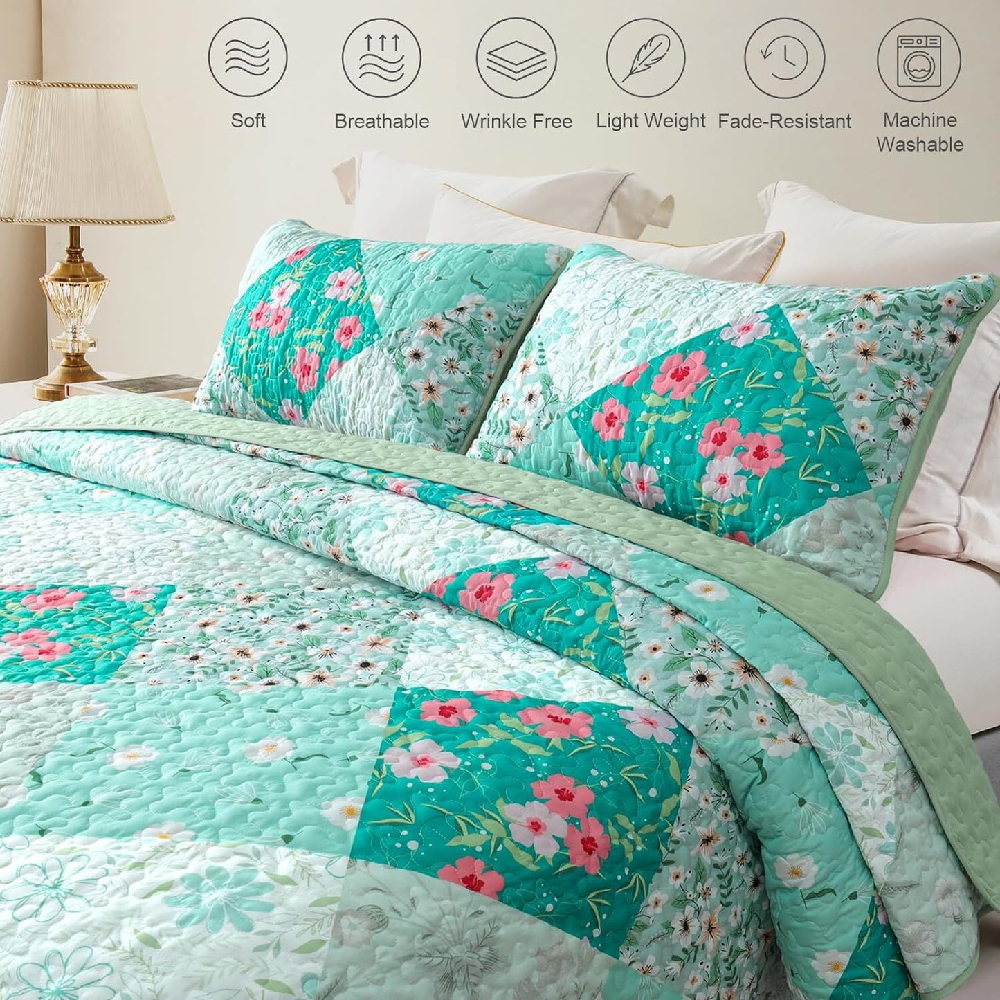 Whale Flotilla Reversible Patchwork Quilts Twin Size, Lightweight Boho Printed Bedspreads Coverlets Quilt Bedding Set with 1 Pillow Sham for All Seasons, Light Green