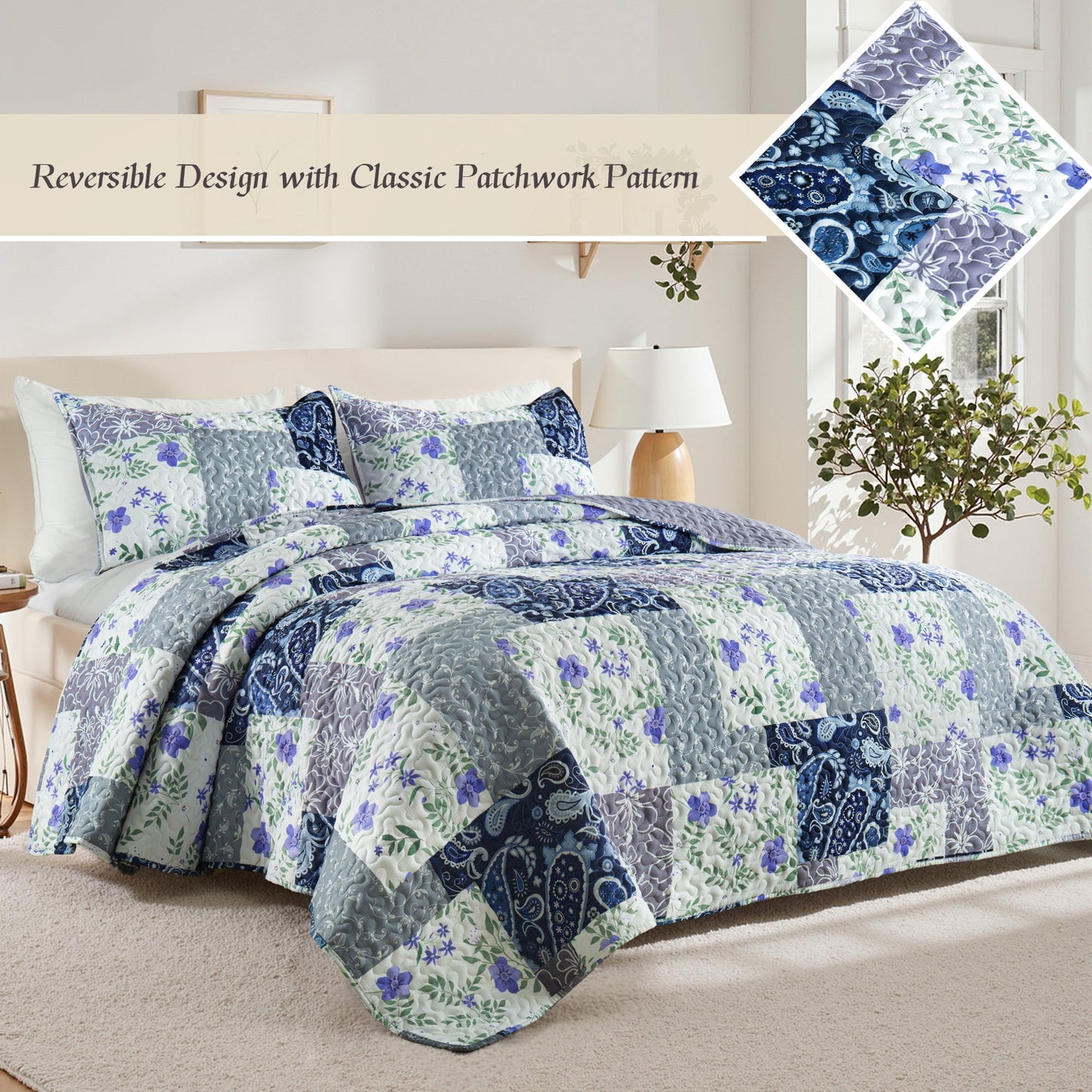 Whale Flotilla Reversible Patchwork Quilts California King Size, Lightweight Boho Printed Bedspreads Coverlets Oversized Quilt Bedding Set with 2 Pillow Shams for All Seasons, Paisley Flowers