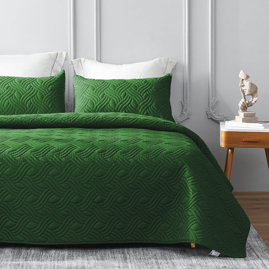 Whale Flotilla Quilt Set Twin Size, Soft Microfiber Lightweight Bedspread Coverlet Bed Cover (Wave Pattern) for All Seasons, Green, 2 Pieces (Includes 1 Quilt, 1 Sham)