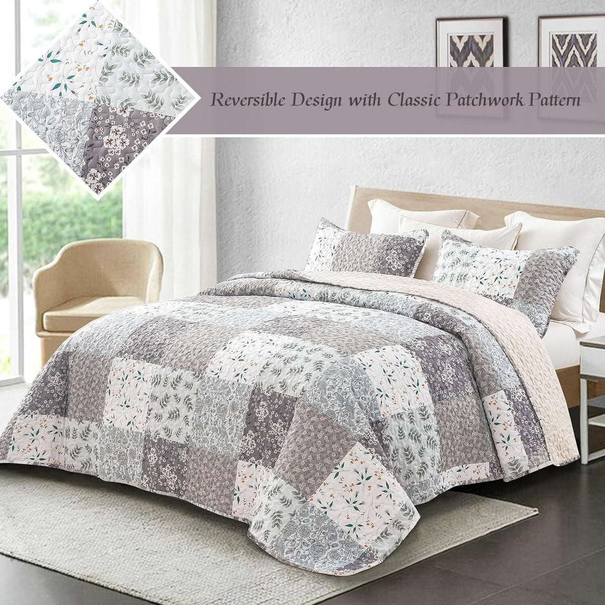 Whale Flotilla Reversible Patchwork Quilts Twin Size, Lightweight Boho Printed Bedspreads Coverlets Quilt Bedding Set with 1 Pillow Sham for All Seasons,Light Grey