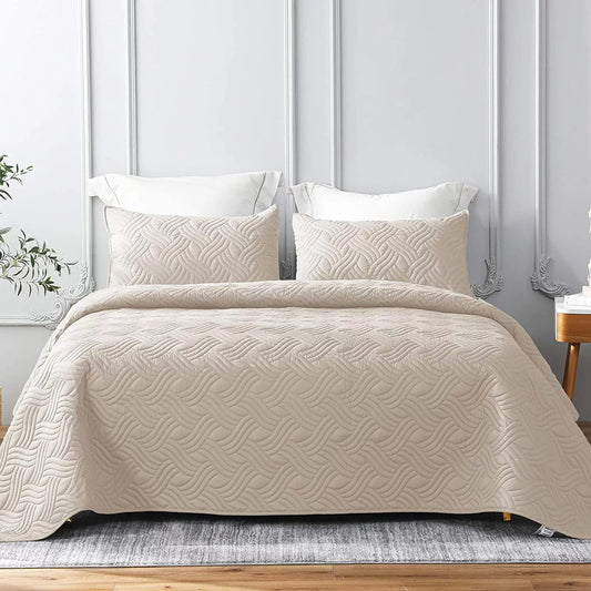 Whale Flotilla Quilt Set Queen Size, Soft Microfiber Lightweight Bedspread Coverlet Bed Cover (Wave Pattern) for All Seasons, Brich Beige, 3 Pieces (Includes 1 Quilt, 2 Shams)