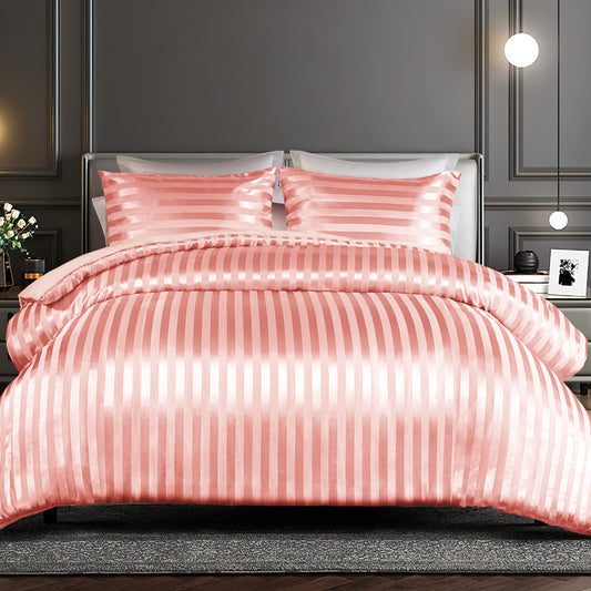 Whale Flotilla 2-Piece Reversible Silky Soft Twin Size Comforter Set, Luxury Stripe Satin Comforter Bedding Set with Satin Pillowcase, Lightweight Duvet for All Seasons, Pink