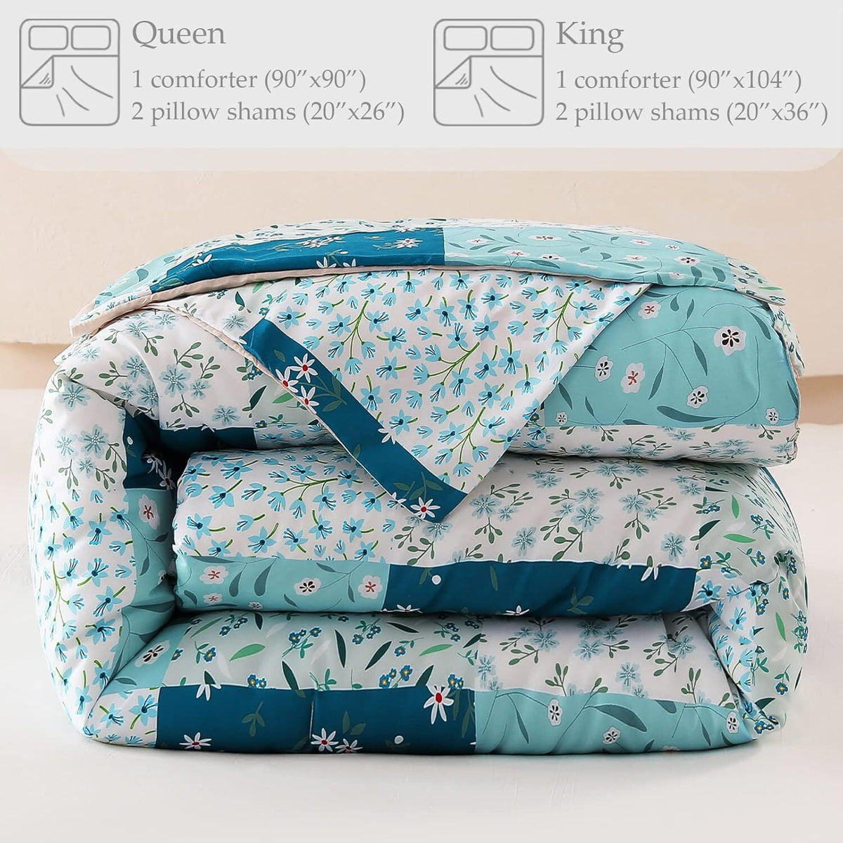 Whale Flotilla 3-Piece Queen Comforter Set, Soft Reversible Bedding Comforter Sets, Patchwork Printed Down Alternative Comforter Duvet for All Seasons, Blue
