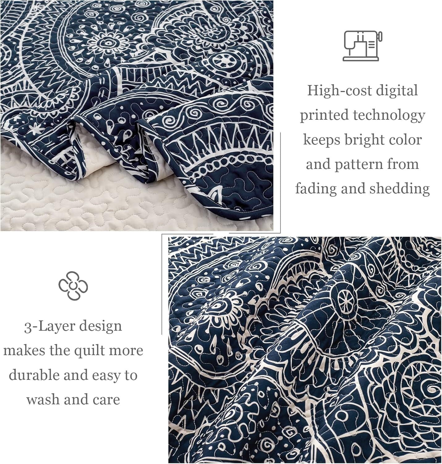 Whale Flotilla Reversible Paisley Quilt Set California King Size, Lightweight Boho Printed Bedspreads Coverlets Quilts Bedding Set with 2 Pillow Shams for All Seasons, Navy/Bone
