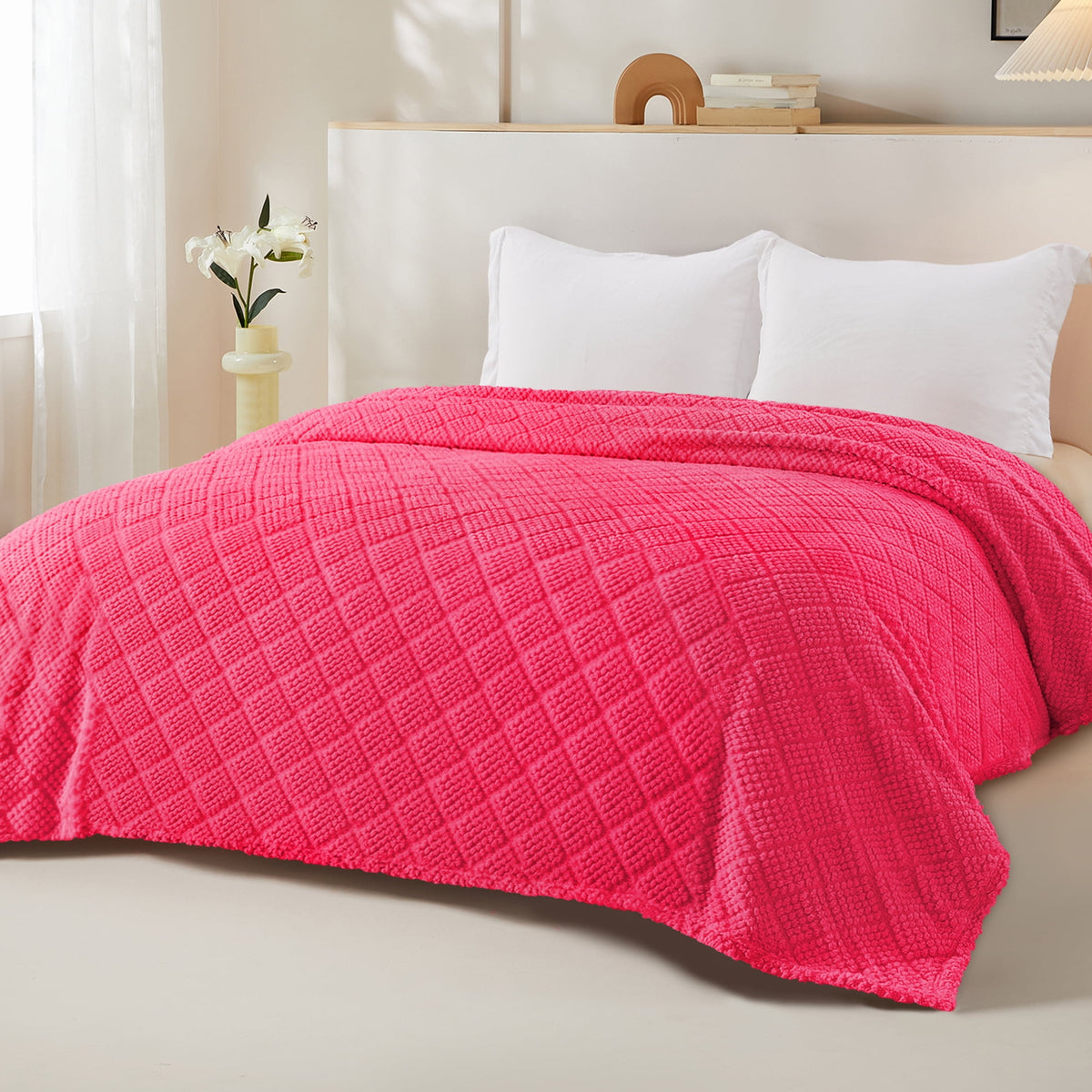 Whale Flotilla Fuzzy Fleece King Size Blanket for Bed, Soft Fluffy Jacquard Waffle Blankets for All Season, Lightweight and Warm, 90x104 Inch, Hot Pink