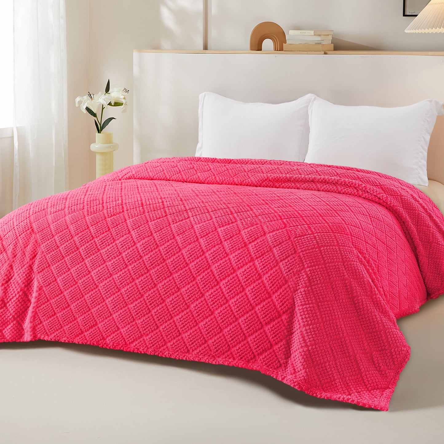Whale Flotilla Fuzzy Fleece Twin Size Blanket for Bed, Soft Fluffy Jacquard Waffle Blankets for All Season, Lightweight and Warm, 60x80 Inch, Hot Pink