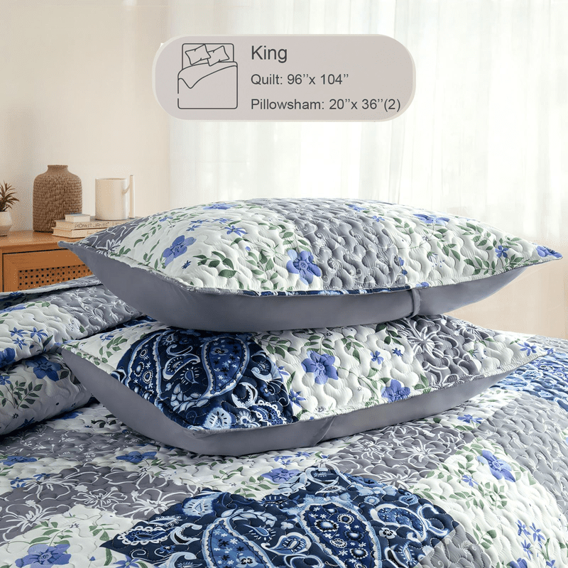 Whale Flotilla Reversible Patchwork Quilts King Size, Lightweight Boho Printed Bedspreads Coverlets Oversized Quilt Bedding Set with 2 Pillow Shams for All Seasons, Paisley Flowers