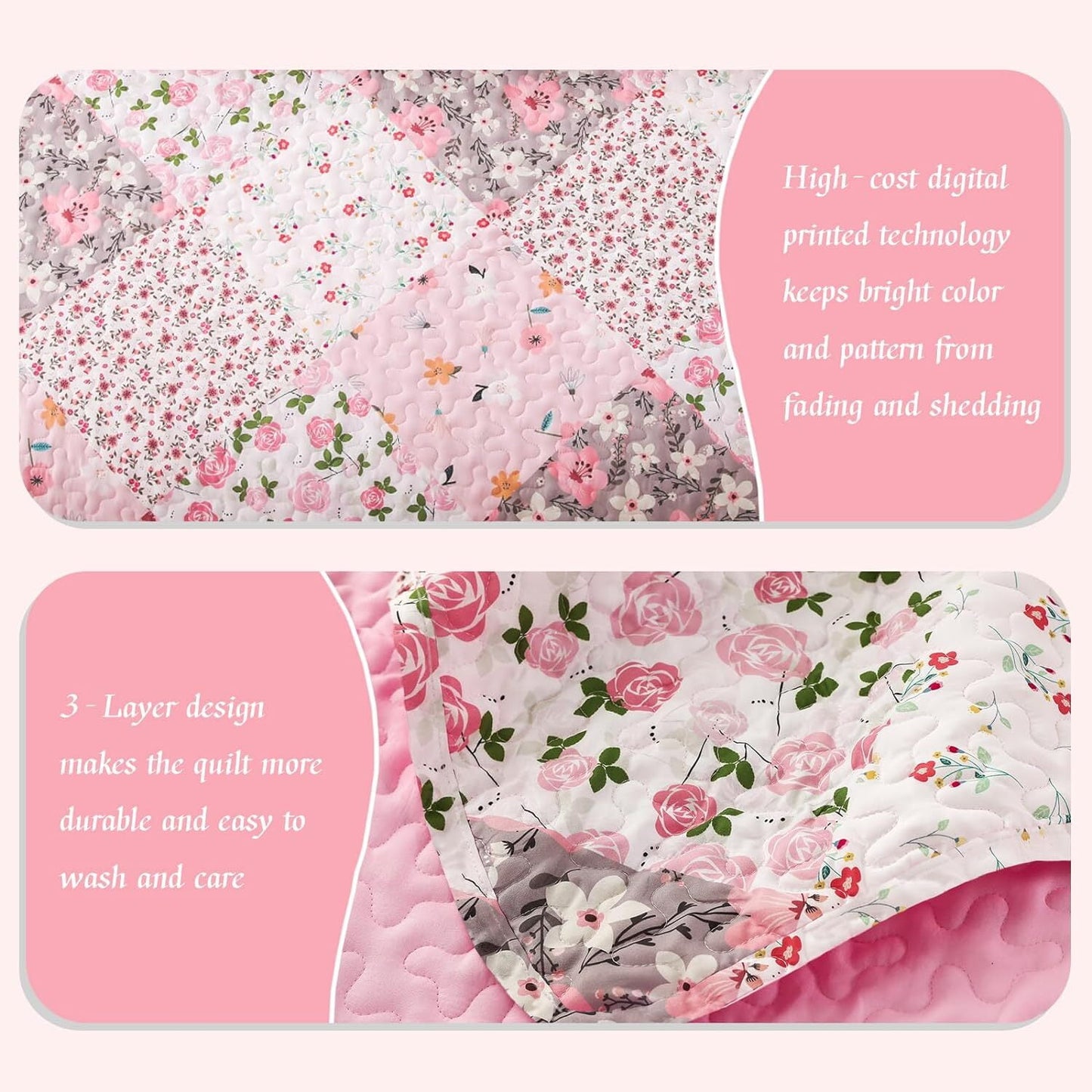 Whale Flotilla Reversible Patchwork Quilts Twin Size, Lightweight Boho Printed Bedspreads Coverlets Quilt Bedding Set with 1 Pillow Sham for All Seasons, Pink