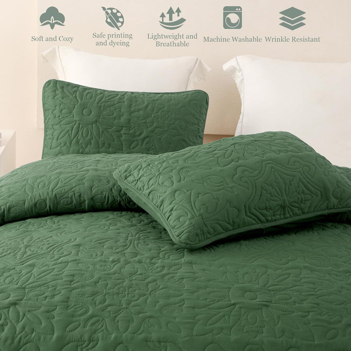 Whale Flotilla 3-Piece King Quilt Set, Soft Ultrasonic Embossed Bedding Set, Lightweight Bedspread Coverlet with Boho Vintage Pattern, Reversible Bed Cover for All Seasons, Sage Green