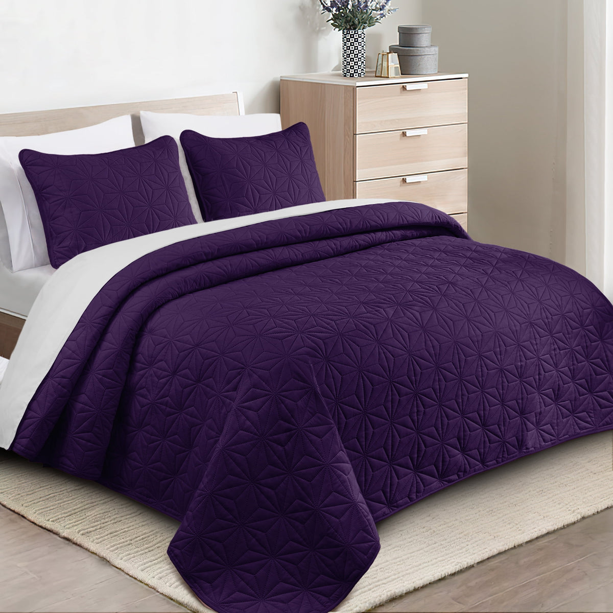 Whale Flotilla Microfiber California King 104"x 112" Quilt Set Lightweight Quilted Bedspreads Coverlets Set with Stars Pattern, Purple