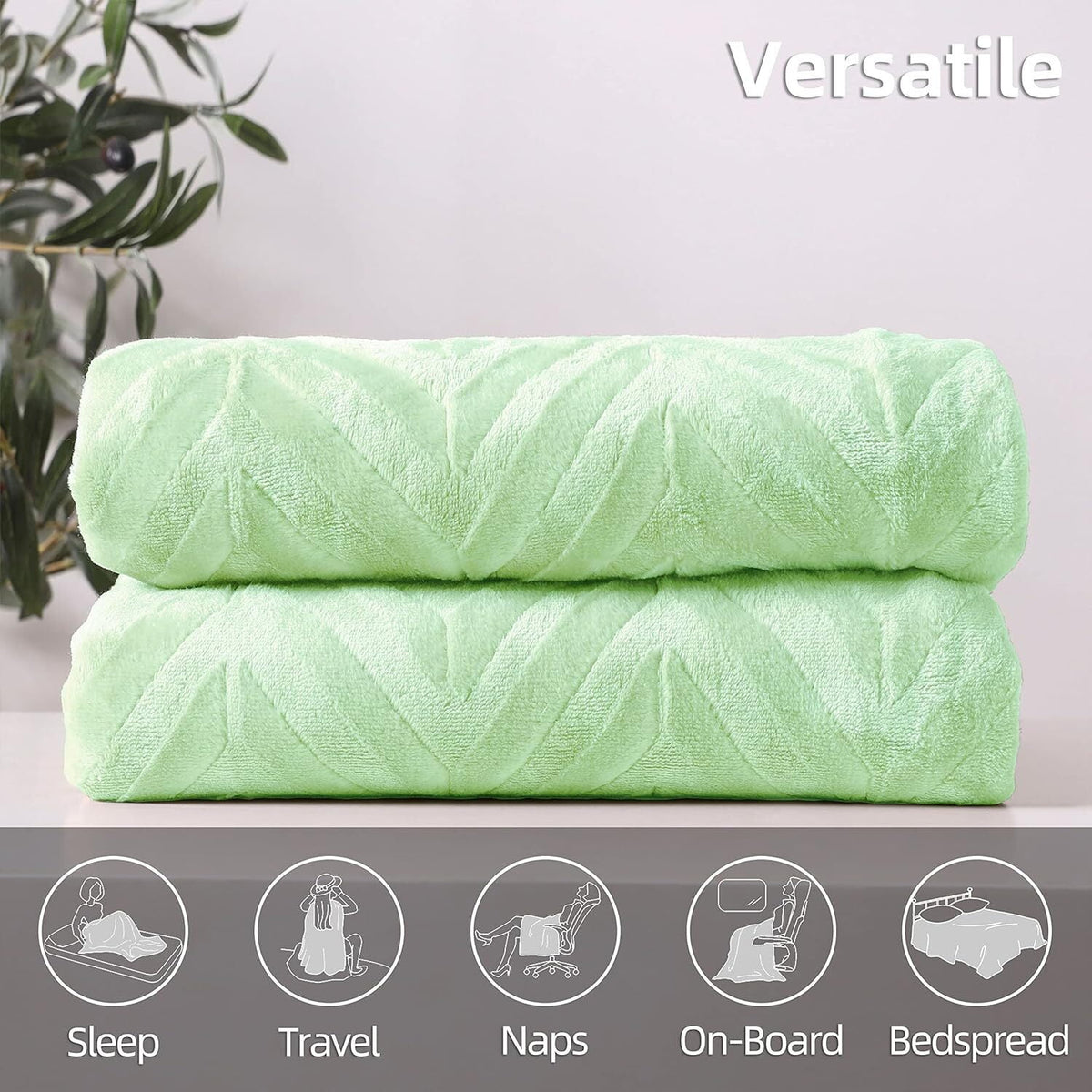 Whale Flotilla Flannel Fleece King Size 90x104 Inch Bed Blanket, Soft Velvet Lightweight Bedspread Plush Fluffy Coverlet Chevron Design Decorative Blanket for All Season, Light Green