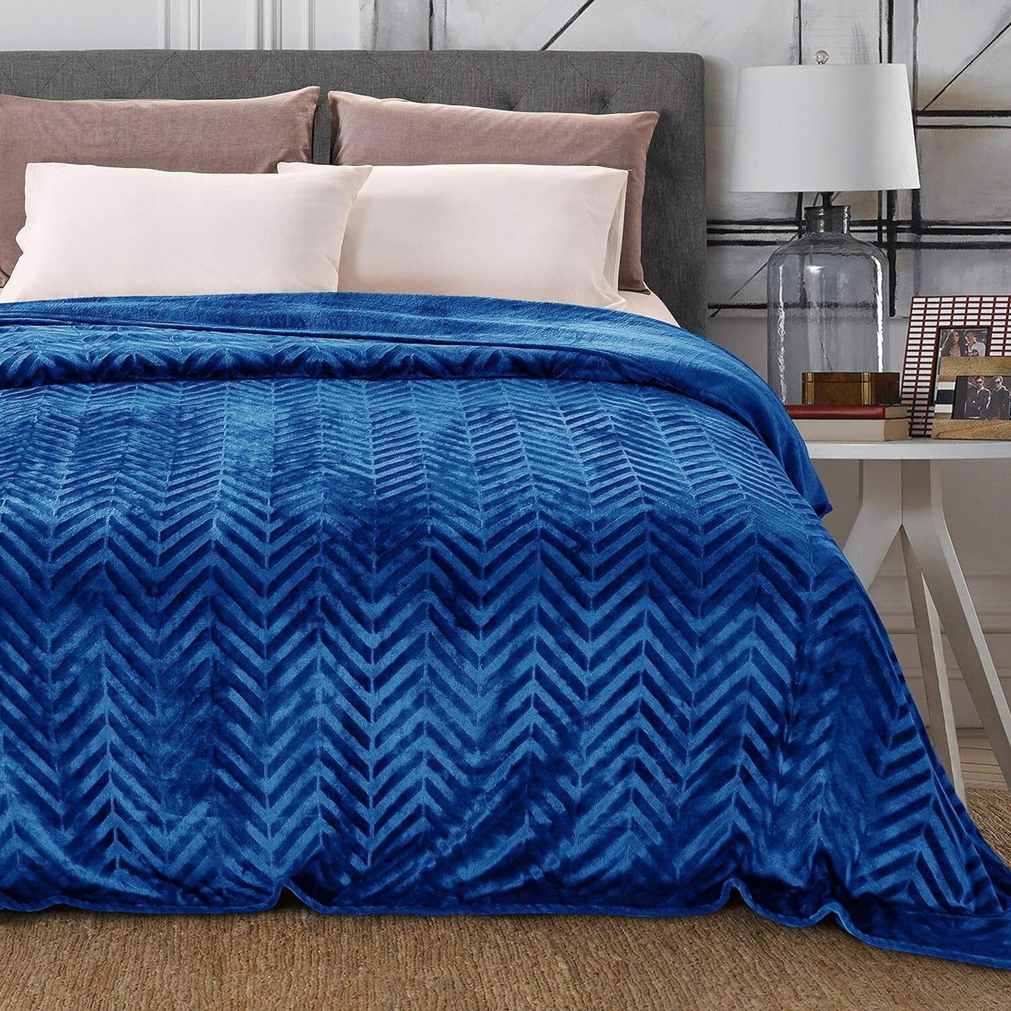 Whale Flotilla Flannel Fleece Twin Size 60x80 Inch Bed Blanket, Soft Velvet Lightweight Bedspread Plush Fluffy Coverlet Chevron Design Decorative Blanket for All Season, Royal Blue