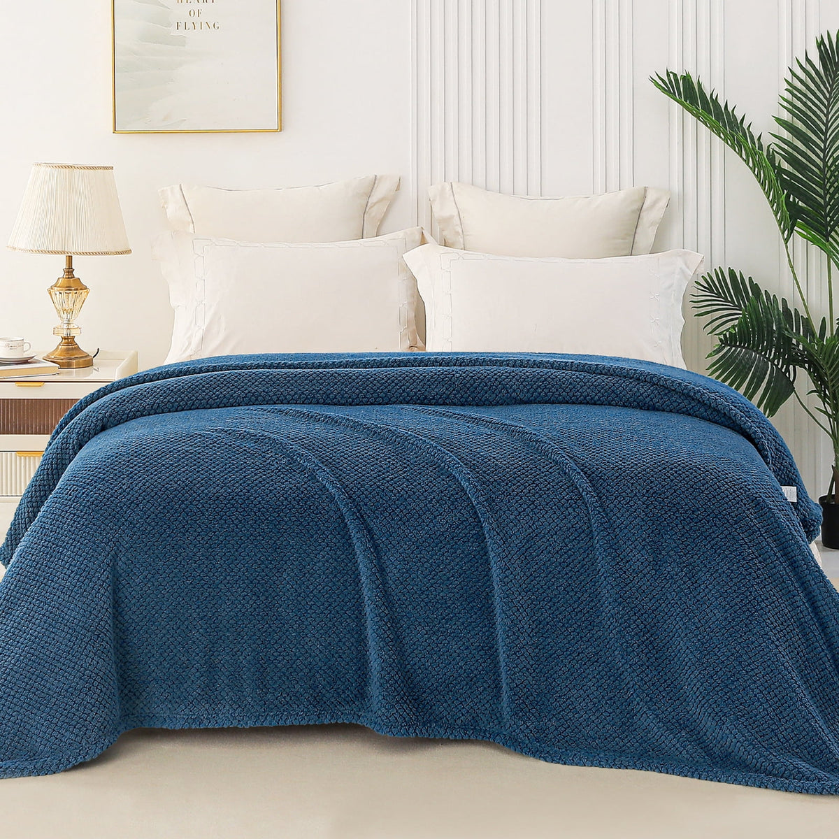Whale Flotilla King Size Fuzzy Fleece Blanket, 90"x104" Fluffy Lightweight Soft Jacquard Bed Blankets for All Seasons, Warm and Cozy, Navy
