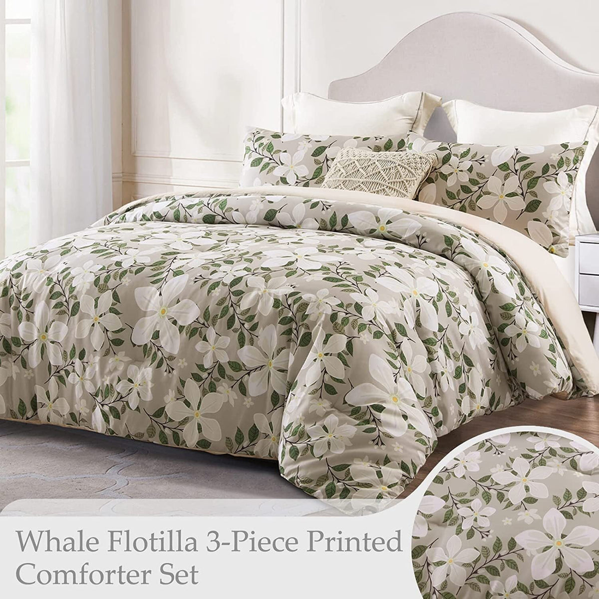 Whale Flotilla 3-Piece Queen Comforter Set, Soft Reversible Bedding Comforter Sets, Floral Printed Down Alternative Comforter Duvet for All Seasons, Bone