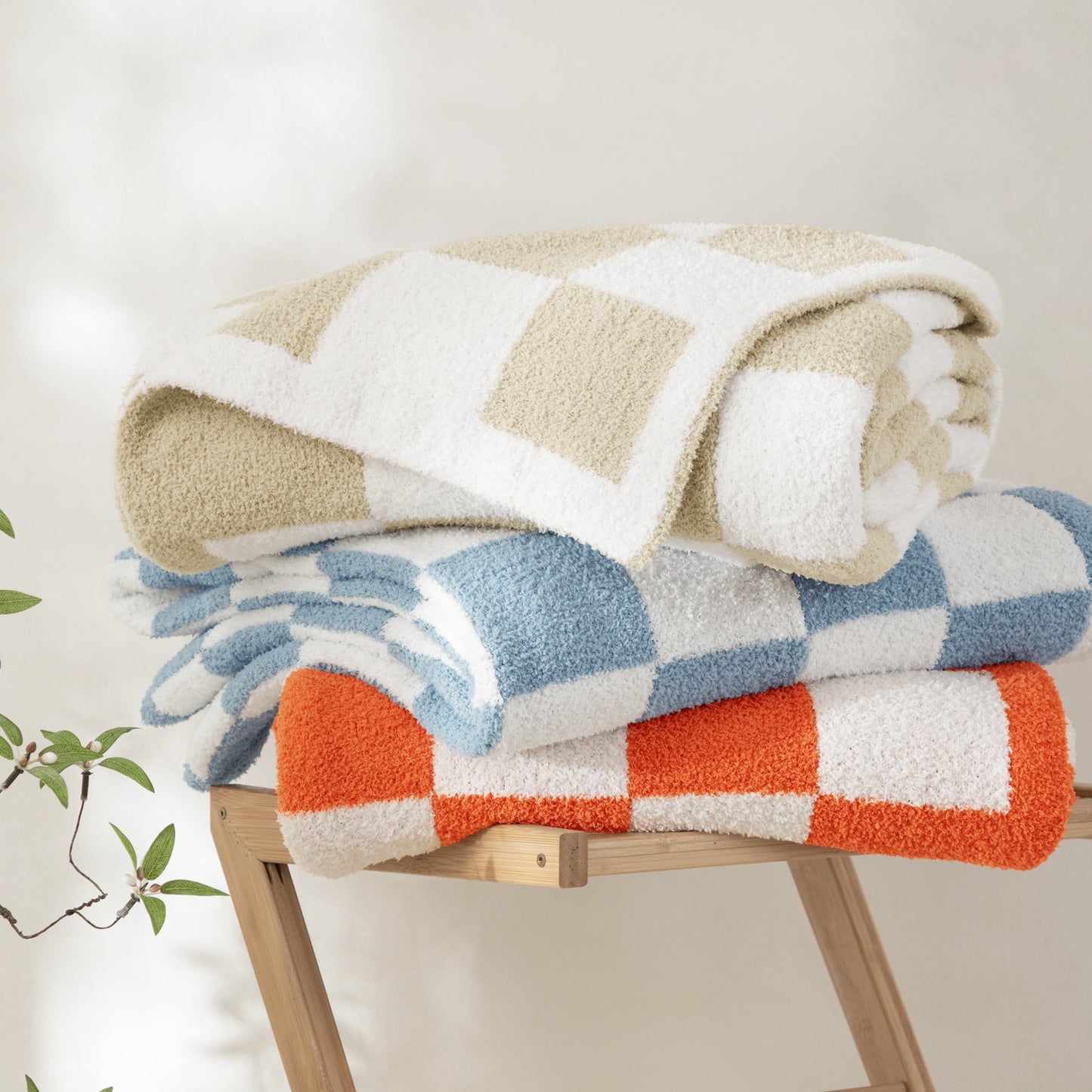Whale Flotilla Checkered Knit Queen Size Blanket for Bed, Soft Fluffy and Cozy, 90"x90", Camel