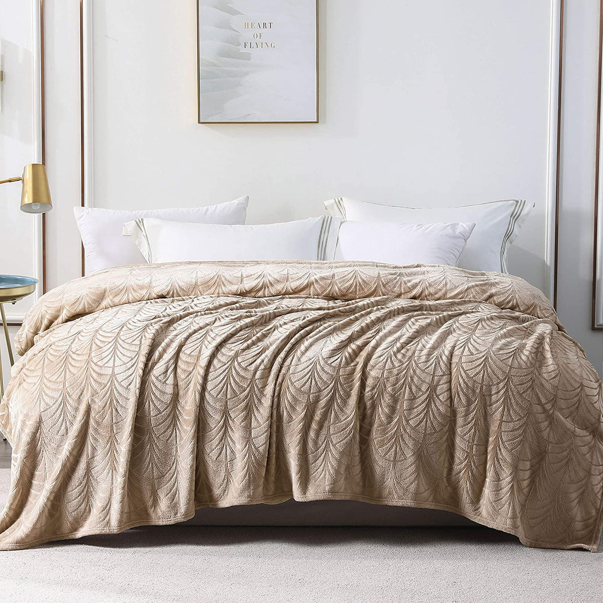 Whale Flotilla Flannel Fleece 90x104 Inch King Size Blanket for Bed, Soft Fluffy Velvet Bedspread Coverlet with Decorative Vintage Pattern for All Season, Warm and Lightweight, Champagne