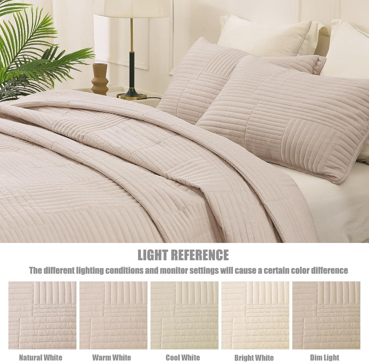 Whale Flotilla King Quilt Set, Soft and Lightweight Bedspreads Coverlet with Striped Pattern, Reversible Bedding Sets with Pillow Shams, 96x104 Inches, Brich Beige