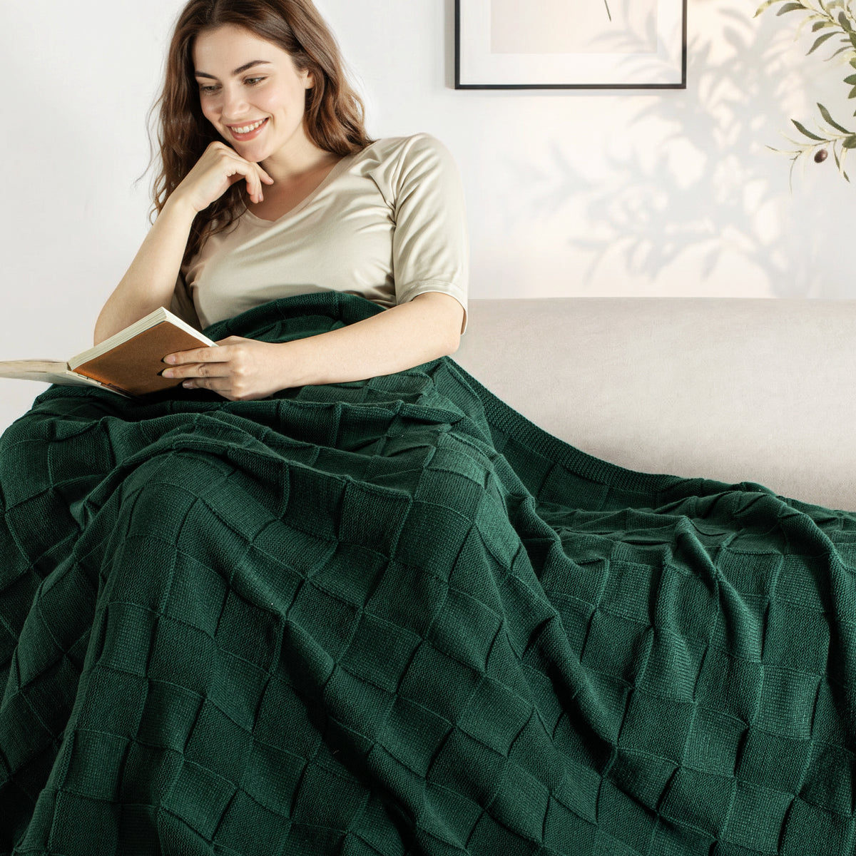 Whale Flotilla Knit Throw Blanket for Couch, Soft Fuzzy Decorative Knitted Blanket for Sofa Bed, Lightweight Cozy Warm Throws, 60x80 Inch, Dark Green