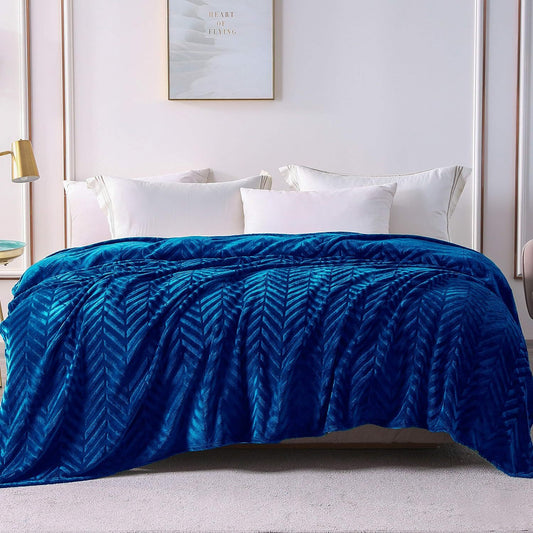Whale Flotilla Flannel Fleece Twin Size Bed Blanket, Soft Velvet Lightweight Bedspread Plush Fluffy Coverlet Chevron Design Decorative Blanket for All Season, 60x80 Inch, Royal Blue