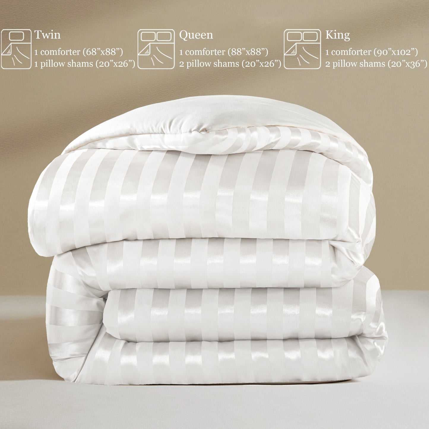Whale Flotilla 3-Piece Reversible Silky Soft King Size Comforter Set, Luxury Stripe Satin Oversized Comforter Bedding Set with 2 Satin Pillowcases, Lightweight Duvet for All Seasons, White