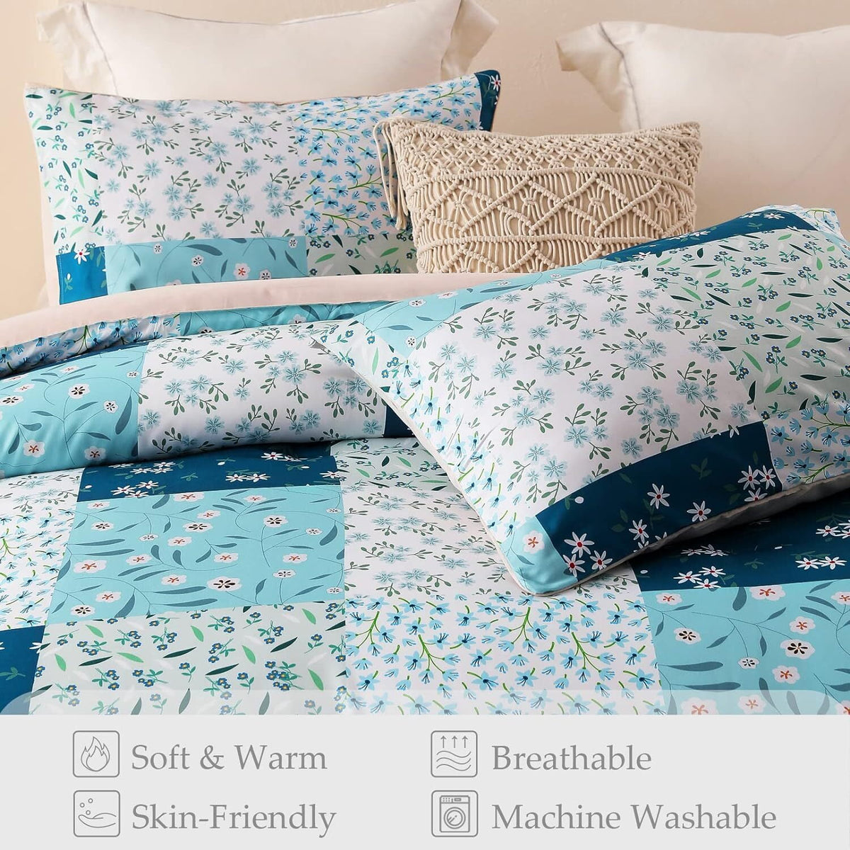 Whale Flotilla 3-Piece Queen Comforter Set, Soft Reversible Bedding Comforter Sets, Patchwork Printed Down Alternative Comforter Duvet for All Seasons, Blue