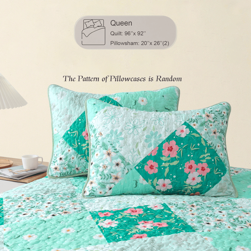 Whale Flotilla Reversible Patchwork Quilt Set Queen Size, Lightweight Boho Printed Bedspreads Coverlets Quilts Bedding Set with 2 Pillow Shams for All Seasons, Light Green