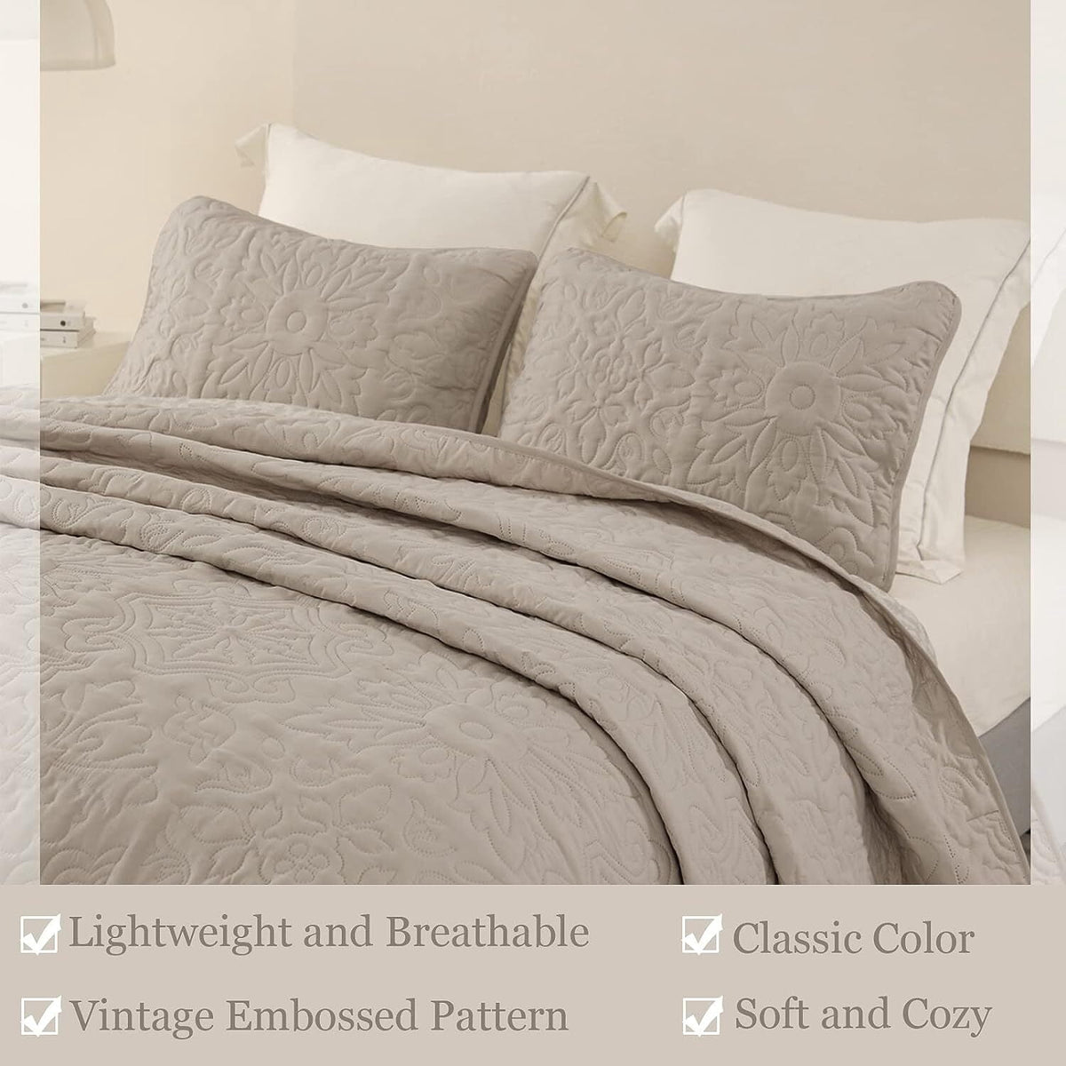 Whale Flotilla 3-Piece Queen Quilt Set, Soft Embossed Bedding Set, Lightweight Bedspread Coverlet with Damask Vintage Pattern, Reversible Bed Cover for All Seasons, Light Grey