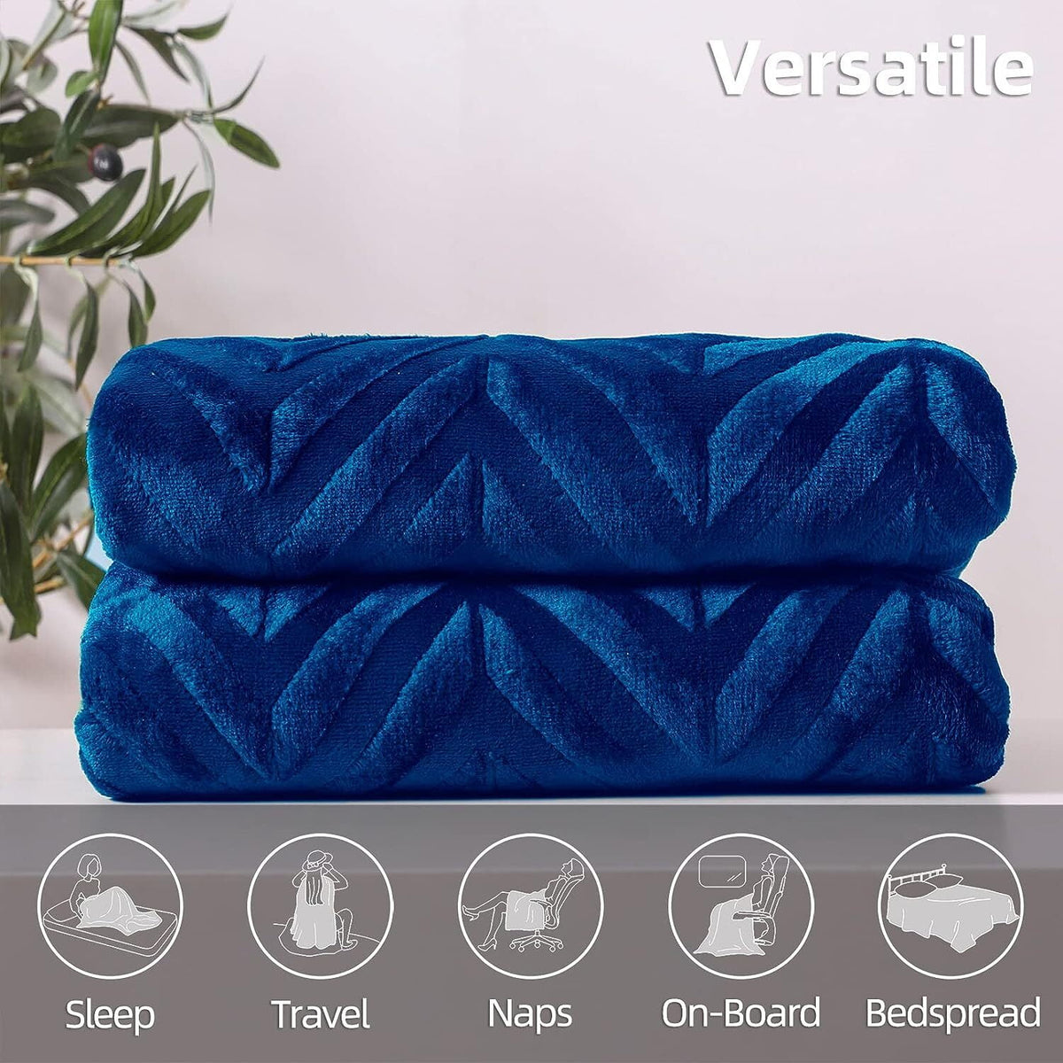 Whale Flotilla Flannel Fleece Twin-XL Size 90x66 Inch Bed Blanket, Soft Velvet Lightweight Bedspread Plush Fluffy Coverlet Chevron Design Decorative Blanket for All Season, Royal Blue
