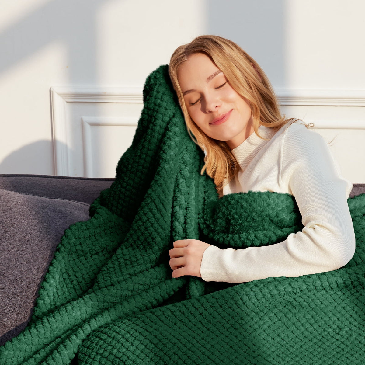 Whale Flotilla Queen Size Fuzzy Fleece Blanket, 90"x90" Fluffy Lightweight Soft Jacquard Bed Blankets for All Seasons, Warm and Cozy, Deep Green
