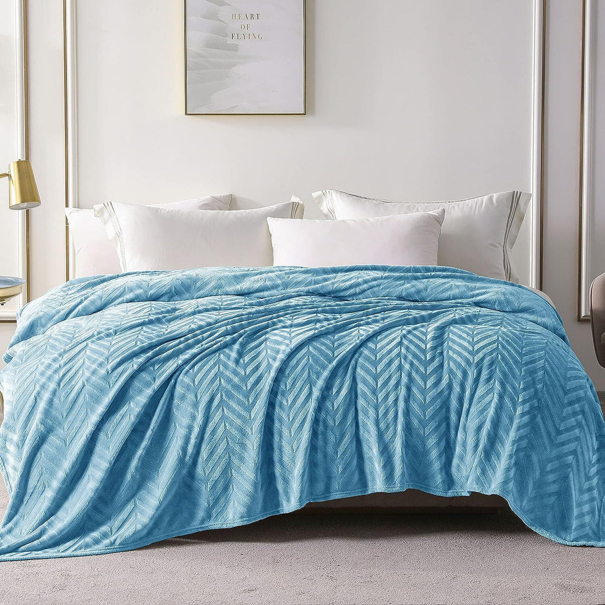 Whale Flotilla Flannel Fleece Queen Size 90x90 Inch Bed Blanket, Soft Velvet Lightweight Bedspread Plush Fluffy Coverlet Chevron Design Decorative Blanket for All Season, Stone Blue