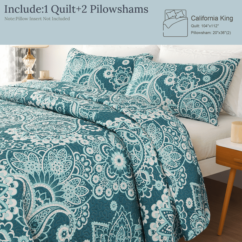 Whale Flotilla Reversible Paisley Quilt Set California King Size, Lightweight Boho Printed Bedspreads Coverlets Quilts Bedding Set with 2 Pillow Shams for All Seasons, Turquoise