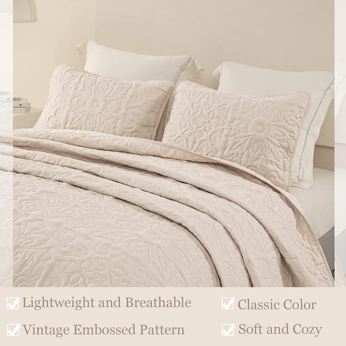 Whale Flotilla 3-Piece King Quilt Set, Soft Embossed Bedding Set, Lightweight Bedspread Coverlet with Damask Vintage Pattern, Reversible Bed Cover for All Seasons, Brich Beige