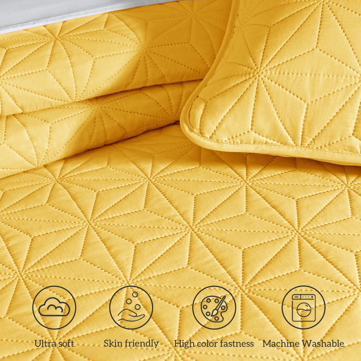 Whale Flotilla Microfiber California King 104"x 112" Quilt Set Lightweight Quilted Bedspreads Coverlets Set with Stars Pattern, Yellow
