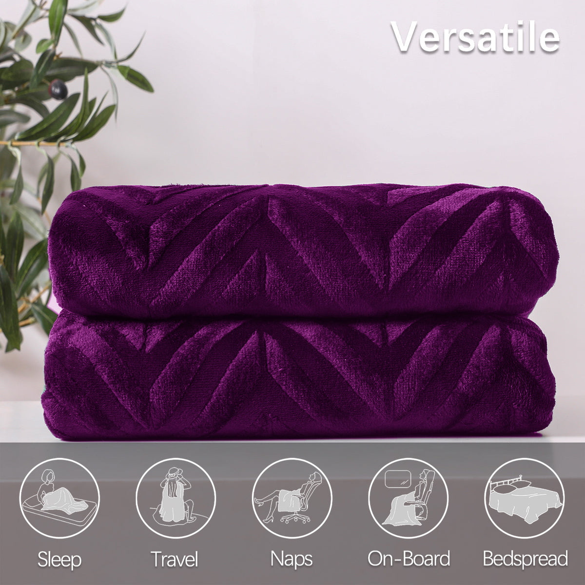 Whale Flotilla Flannel Fleece Twin Size(60x80 Inch) Lightweight Bed Blanket, Soft Velvet Bedspread Plush Fluffy Coverlet Chevron Design Decorative Blanket for All Seasons, Purple