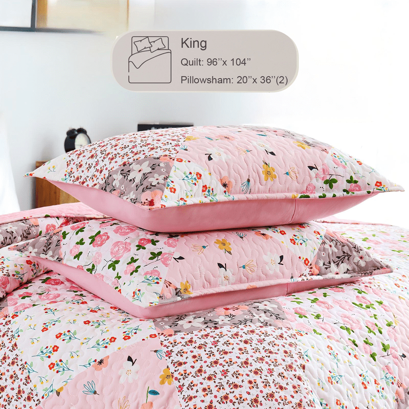 Whale Flotilla Reversible Patchwork Quilt Set King Size, Lightweight Boho Printed Bedspreads Coverlets Quilts Bedding Set with 2 Pillow Shams for All Seasons, Pink