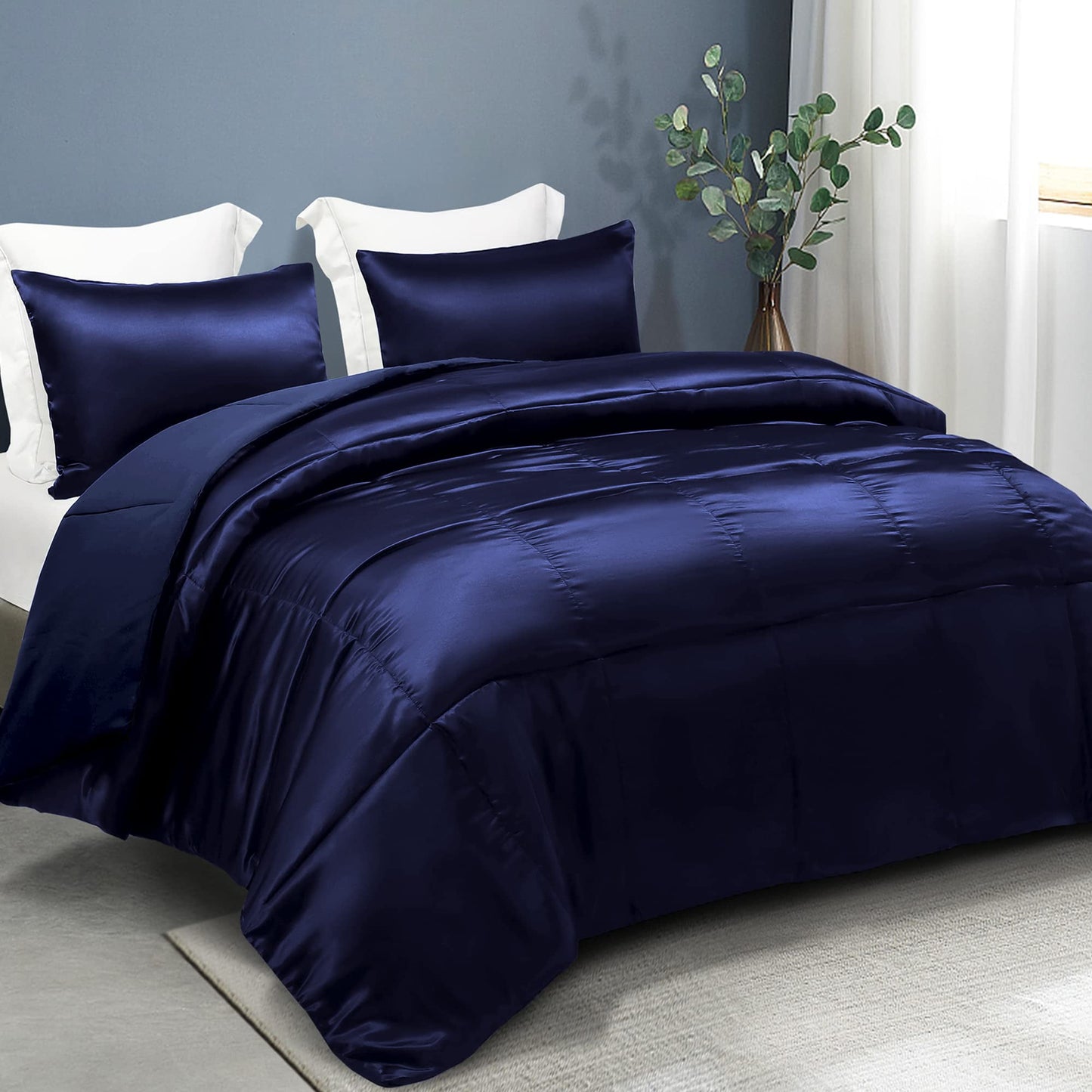 Whale Flotilla 2-Piece Reversible King Size Silk Comforter Set/Bedding Set, Soft Satin Comforter with 1 Satin Pillowcases, Lightweight Duvet Set for All Seasons, Deep Purple
