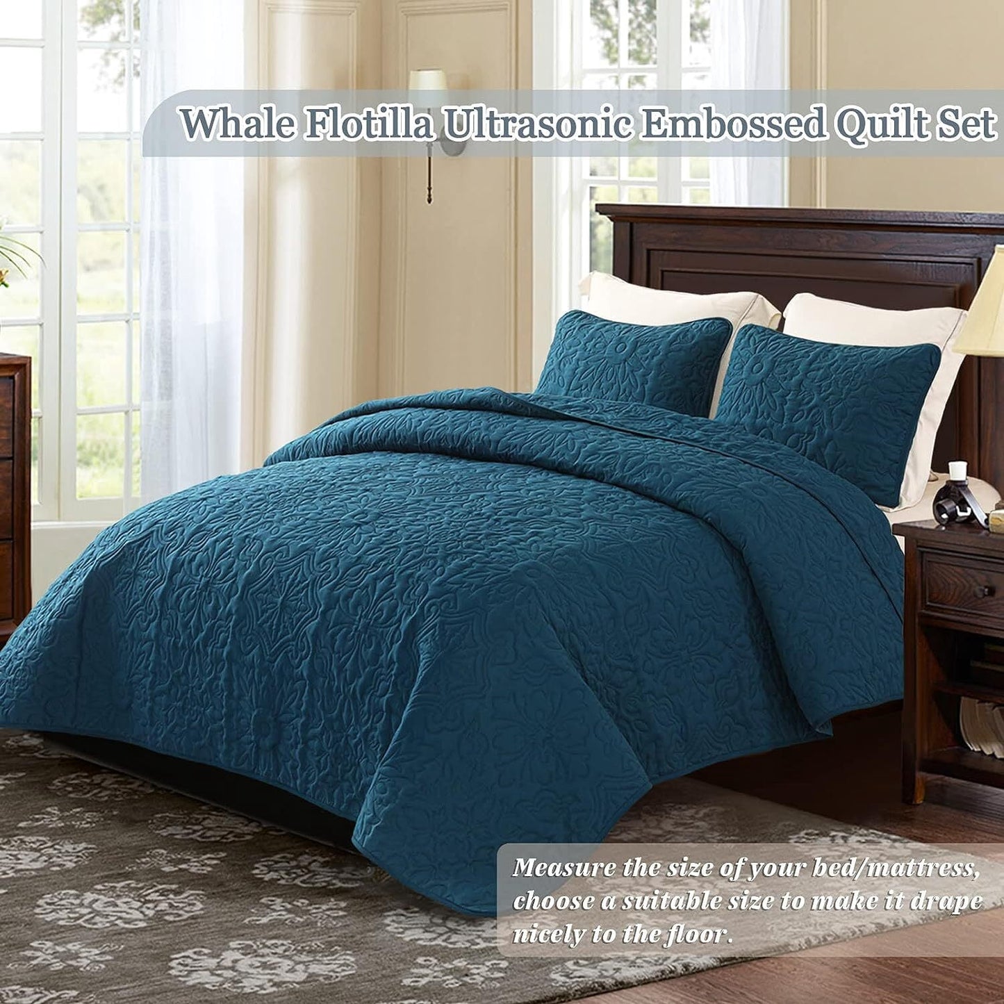 Whale Flotilla 3-Piece Queen Quilt Set, Soft Embossed Bedding Set, Lightweight Bedspread Coverlet with Damask Vintage Pattern, Reversible Bed Cover for All Seasons, Blue