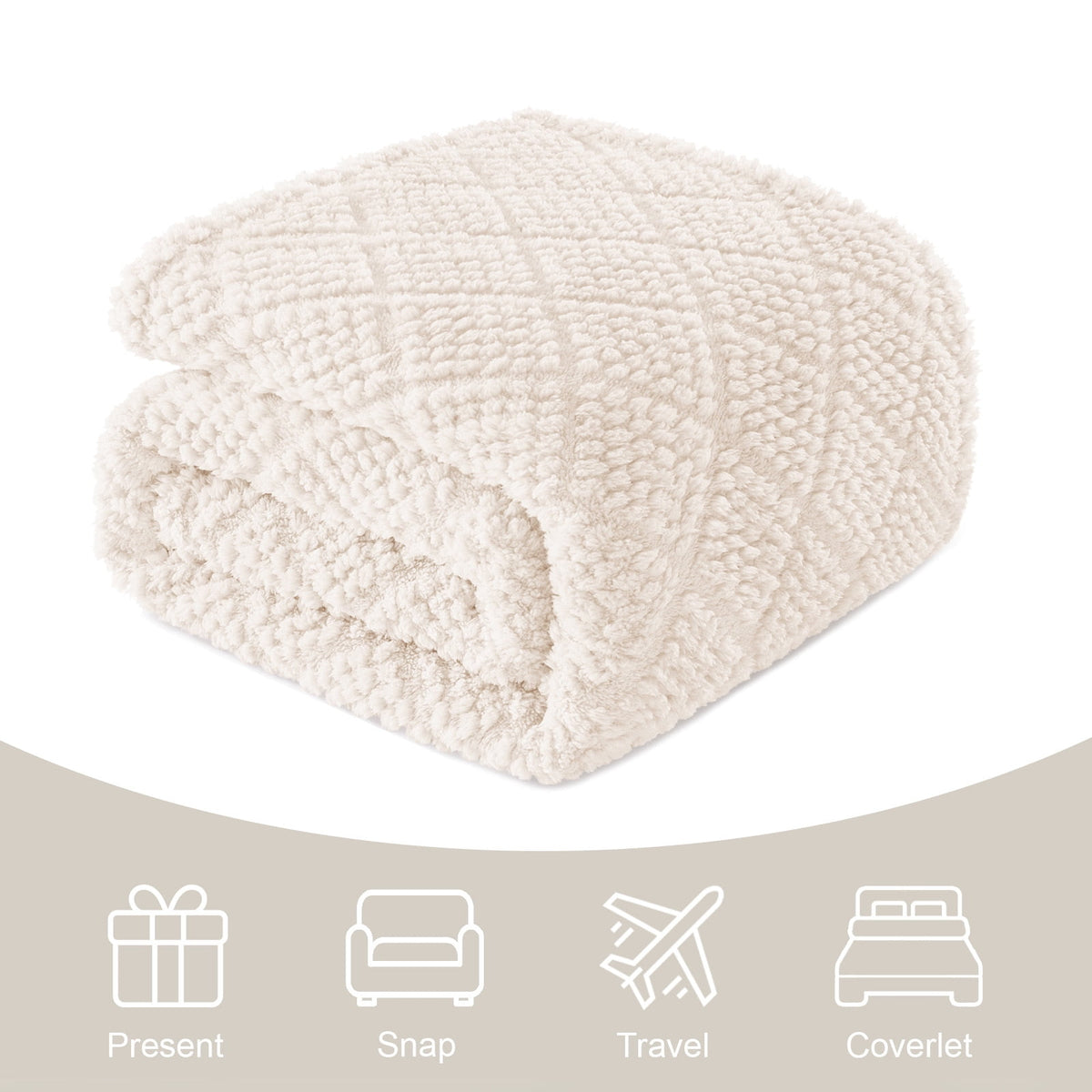 Whale Flotilla Fuzzy Fleece Throw Blanket for Couch, Bed, Soft Fluffy Jacquard Waffle Blankets for All Season, Lightweight and Warm, 50x60 Inch, Ivory