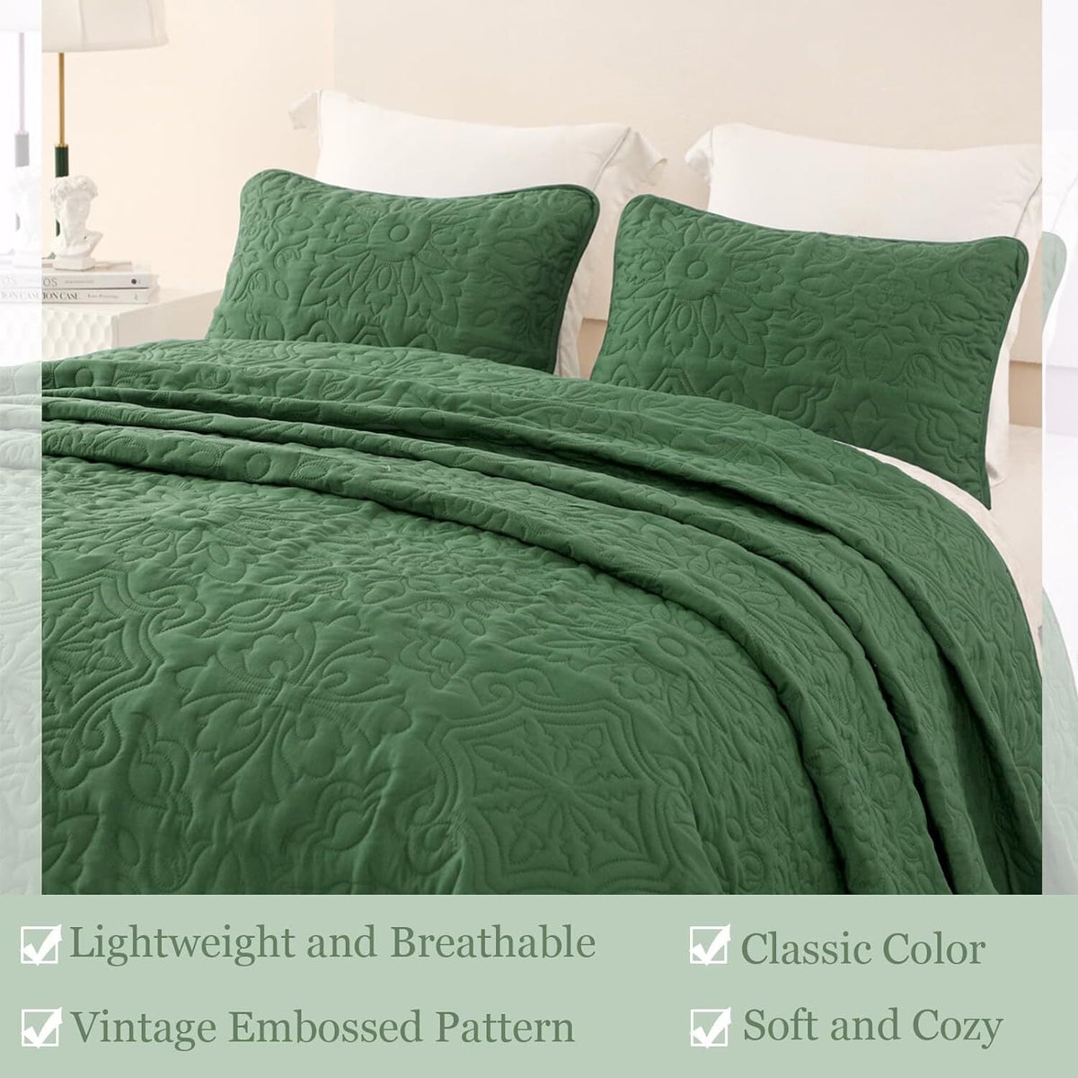 Whale Flotilla 3-Piece King Quilt Set, Soft Ultrasonic Embossed Bedding Set, Lightweight Bedspread Coverlet with Boho Vintage Pattern, Reversible Bed Cover for All Seasons, Sage Green