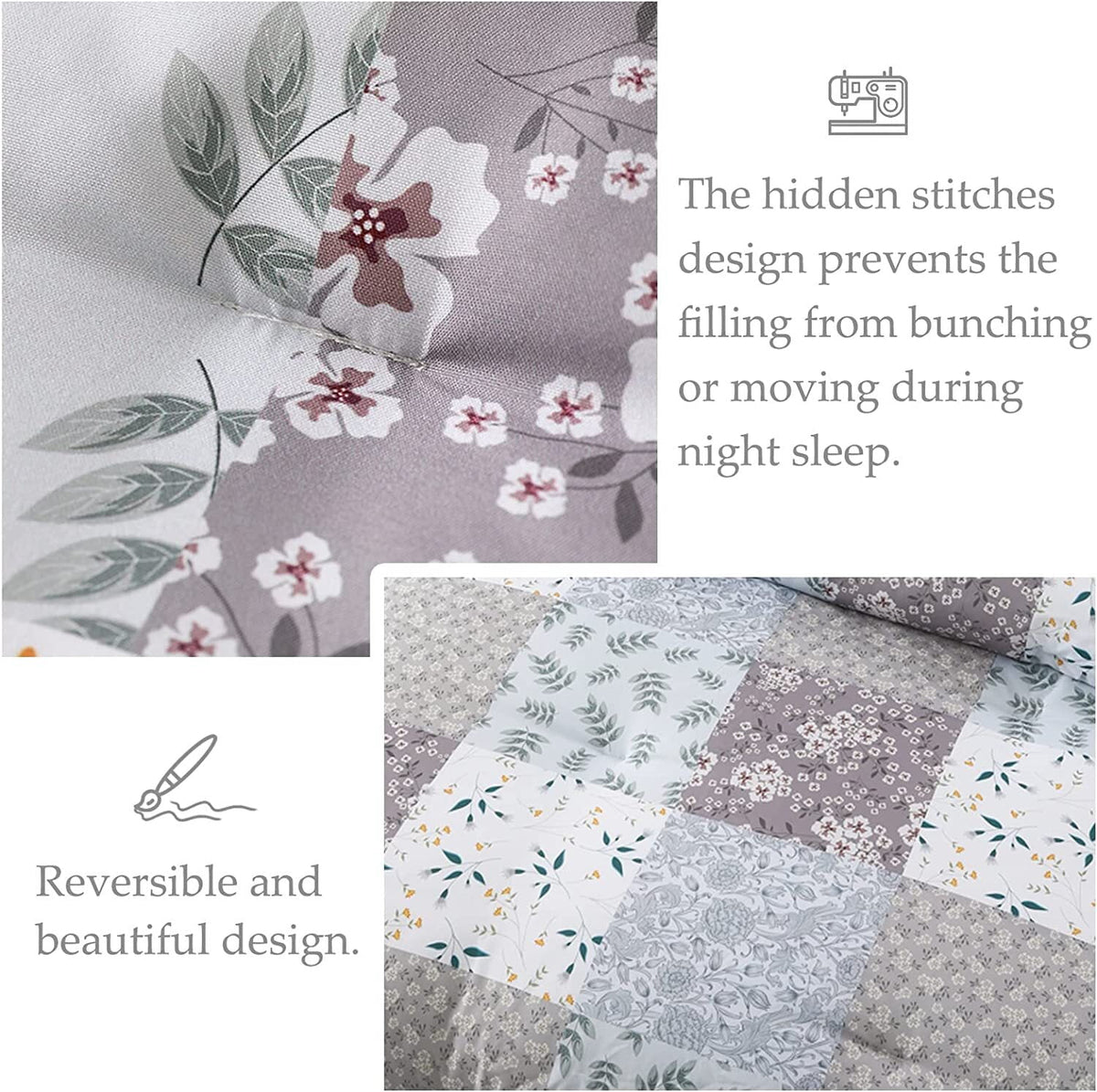 Whale Flotilla 3-Piece Queen Comforter Set, Soft Reversible Bedding Comforter Sets, Patchwork Printed Down Alternative Comforter Duvet for All Seasons, Grey