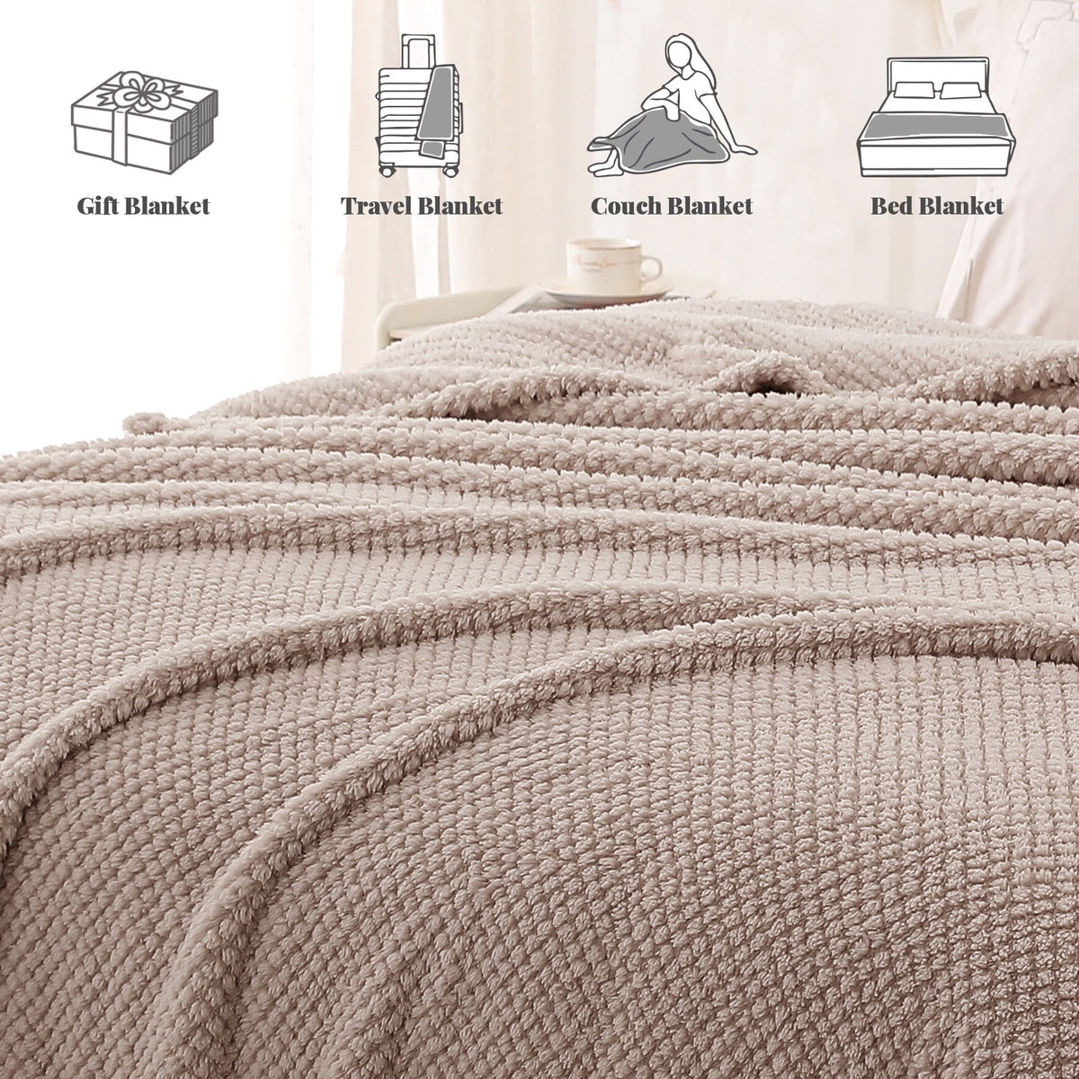 Whale Flotilla King Size Fuzzy Fleece Blanket, 90"x104" Fluffy Lightweight Soft Jacquard Bed Blankets for All Seasons, Warm and Cozy, Camel