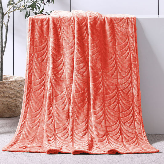 Flannel Throw Blanket for Couch, Soft Plush Fleece Throw Blanket with Decorative Palm Leaves Design, Coral, 50x60 Inch…