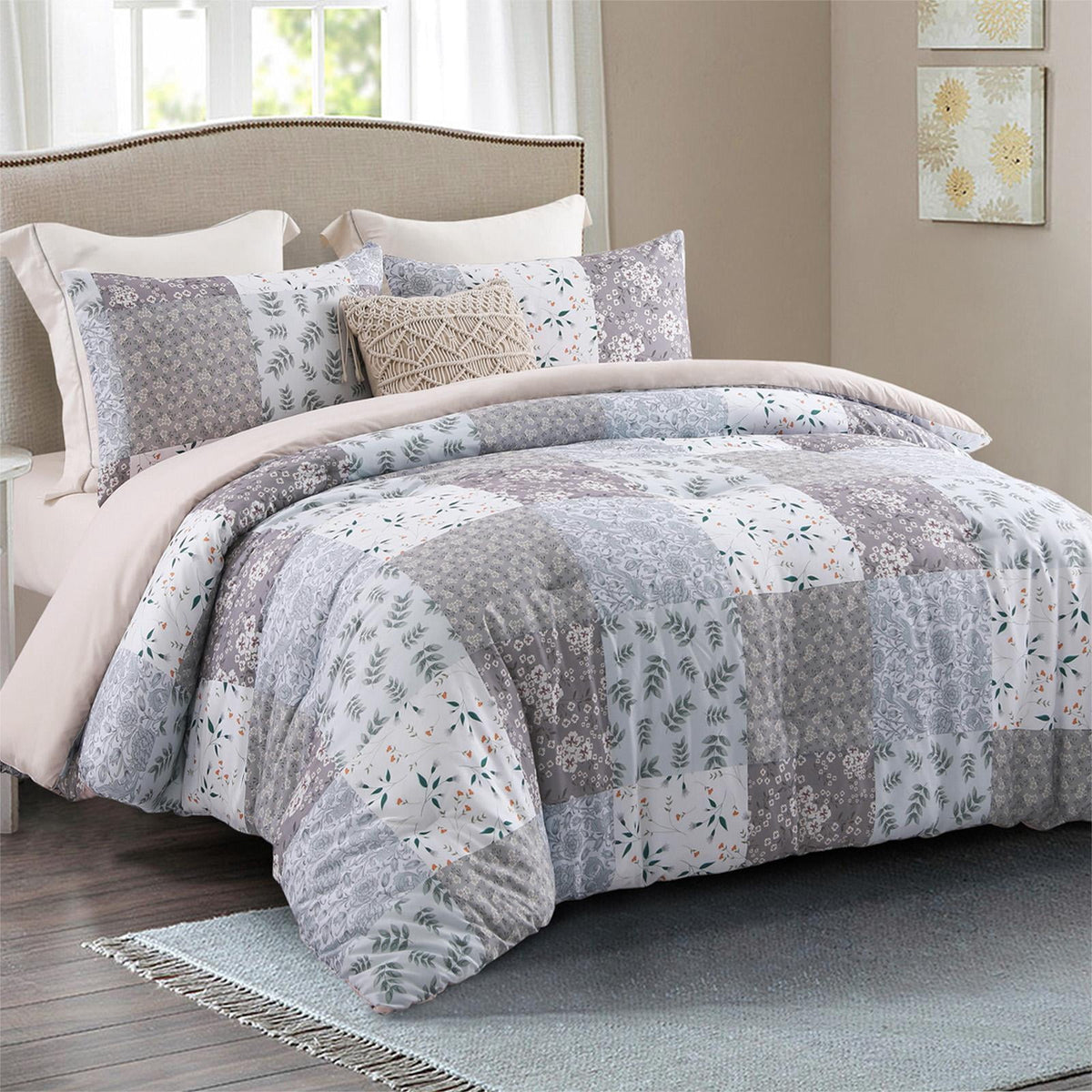 Whale Flotilla 3-Piece Queen Comforter Set, Soft Reversible Bedding Comforter Sets, Patchwork Printed Down Alternative Comforter Duvet for All Seasons, Grey