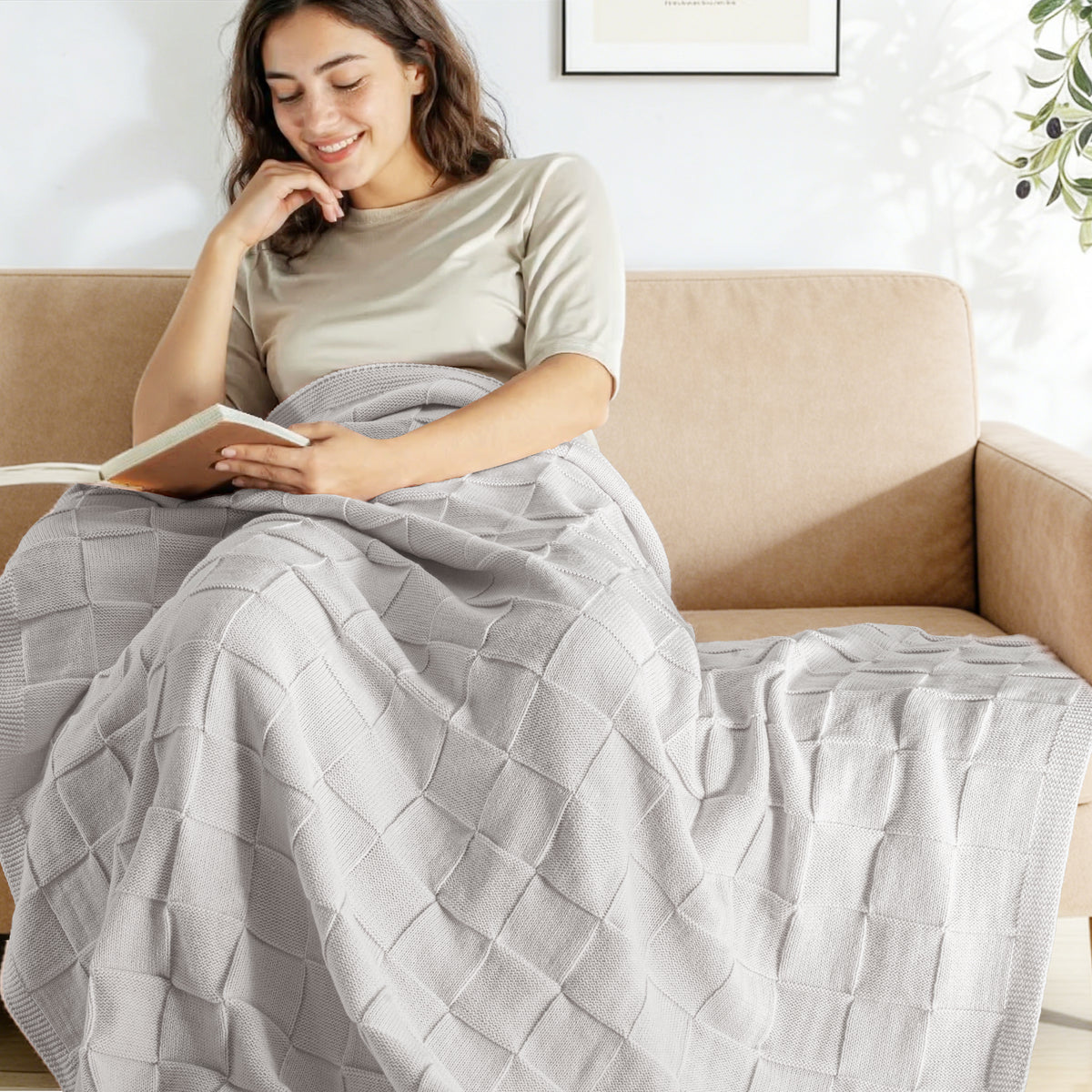 Whale Flotilla Knit Throw Blanket for Couch, Soft Fuzzy Decorative Knitted Blanket for Sofa Bed, Lightweight Cozy Warm Throws, 60x80 Inch, Light Grey