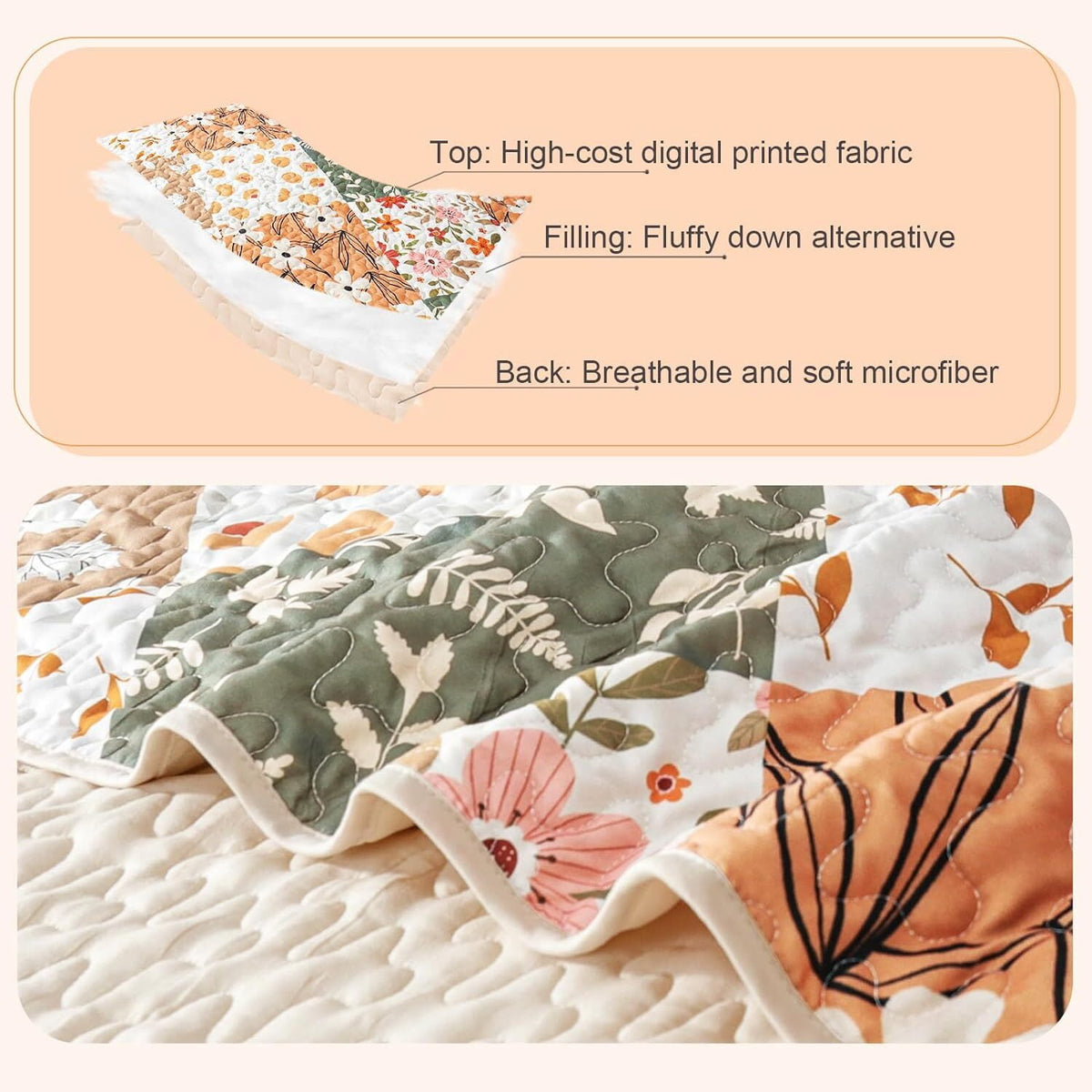 Whale Flotilla Reversible Patchwork Quilt Set Queen Size, Lightweight Boho Printed Bedspreads Coverlets Quilts Bedding Set with 2 Pillow Shams for All Seasons, Orange