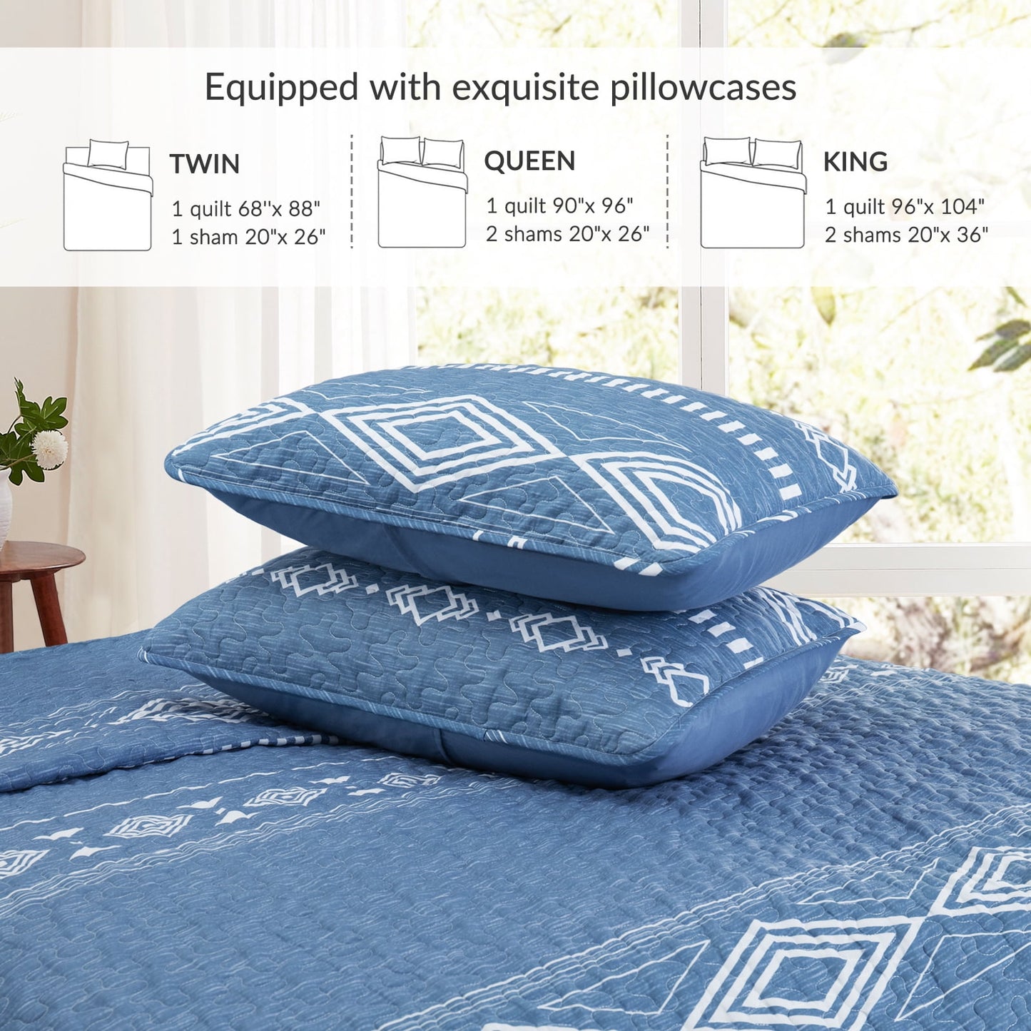 Whale Flotilla Reversible Ultra Soft Printed Quilts King Size, Lightweight Patchwork Geometric Stripes Bedspreads Coverlets Quilt Bedding Set with 2 Pillow Shams for All Seasons, Bluish Grey