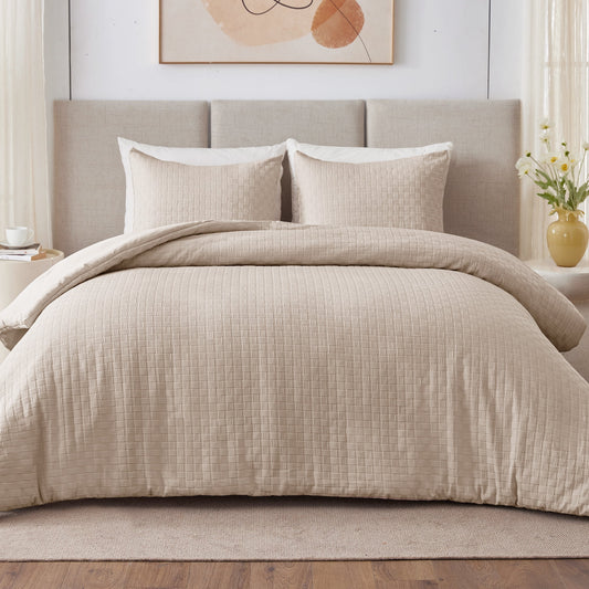 Whale Flotilla 3-Piece Jacquard Braid Ultra Soft Queen Comforter Set, Luxury Reversible Microfiber Comforters Full Size Bedding Set with 2 Pillowcases, Lightweight Duvet for All Seasons, Beige