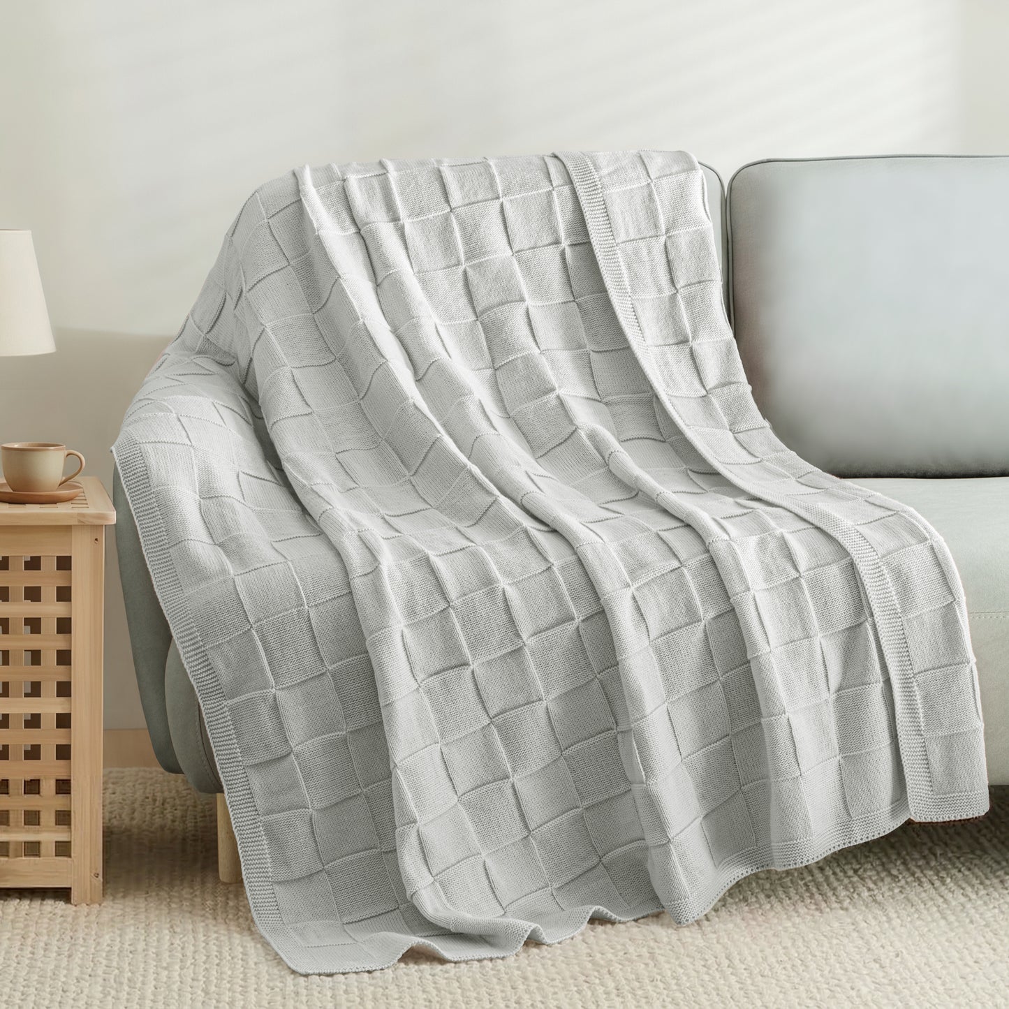 Whale Flotilla Knit Throw Blanket for Couch, Soft Fuzzy Decorative Knitted Blanket for Sofa Bed, Lightweight Cozy Warm Throws, 60x80 Inch, Light Grey