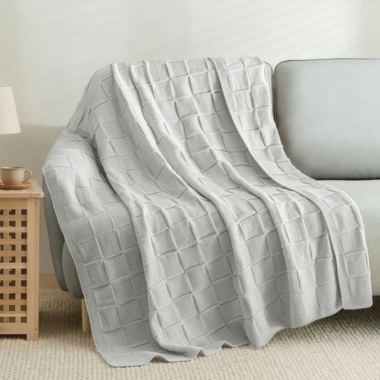 Whale Flotilla Knit Throw Blanket for Couch, Soft Fuzzy Decorative Knitted Blanket for Sofa Bed, Lightweight Cozy Warm Throws, 60x80 Inch, Light Grey
